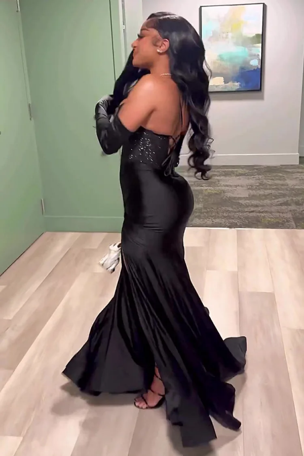 Black Mermaid Split Prom Dress With Long Gloves