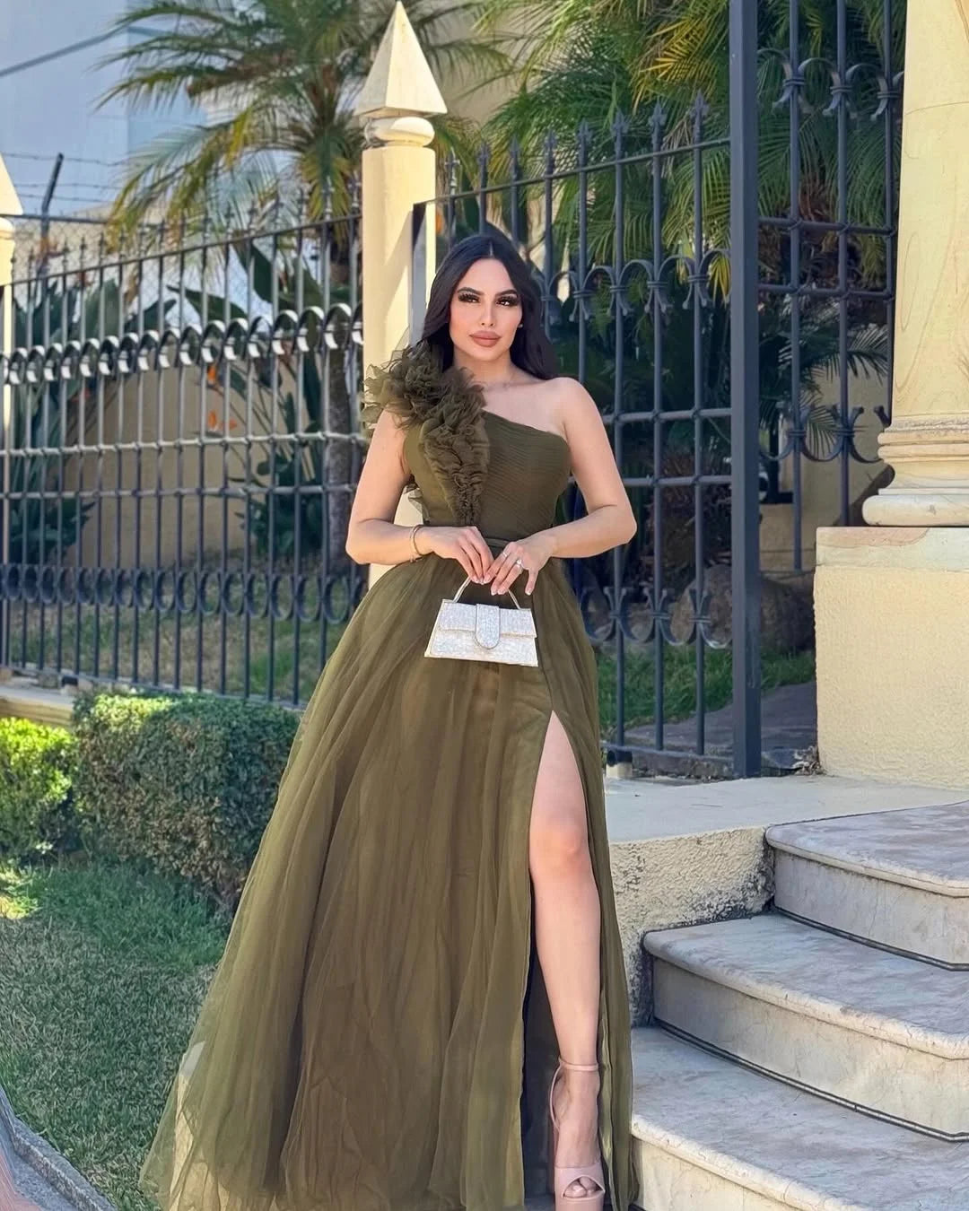 Olive Green Split One-Shoulder Tulle Summer Prom Dress ZT0706