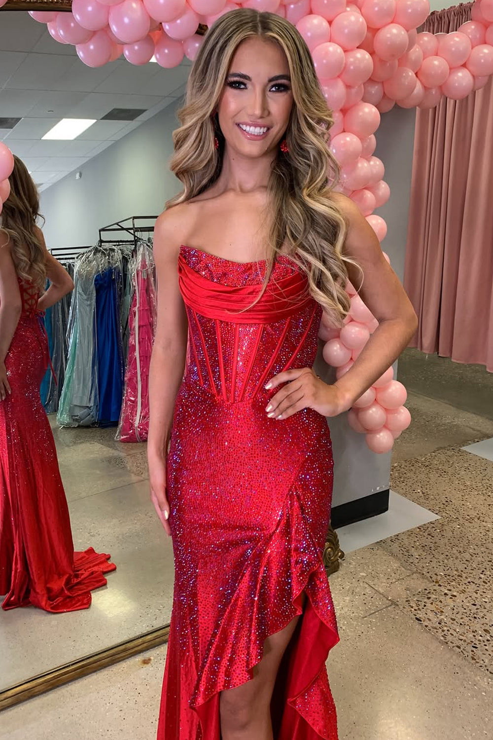 Gorgeous Mermaid Scoop Neck Red Satin Prom Dress with Rhinestones
