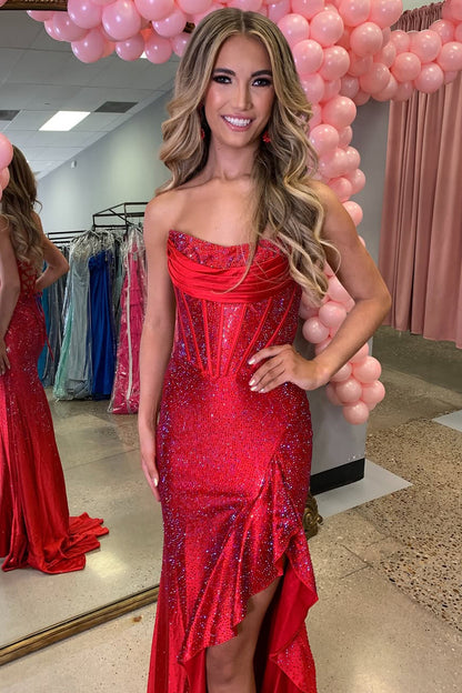 Gorgeous Mermaid Scoop Neck Red Satin Prom Dress with Rhinestones