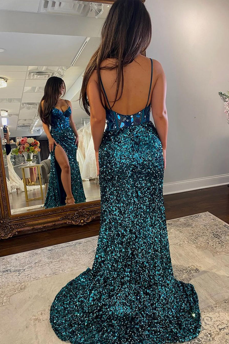 Black Sequins V Neck Mermaid Prom Dresses with Slit