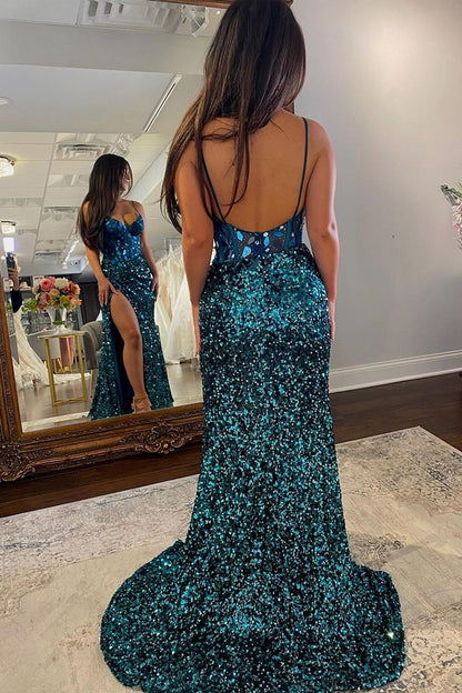 Black Sequins V Neck Mermaid Prom Dresses with Slit