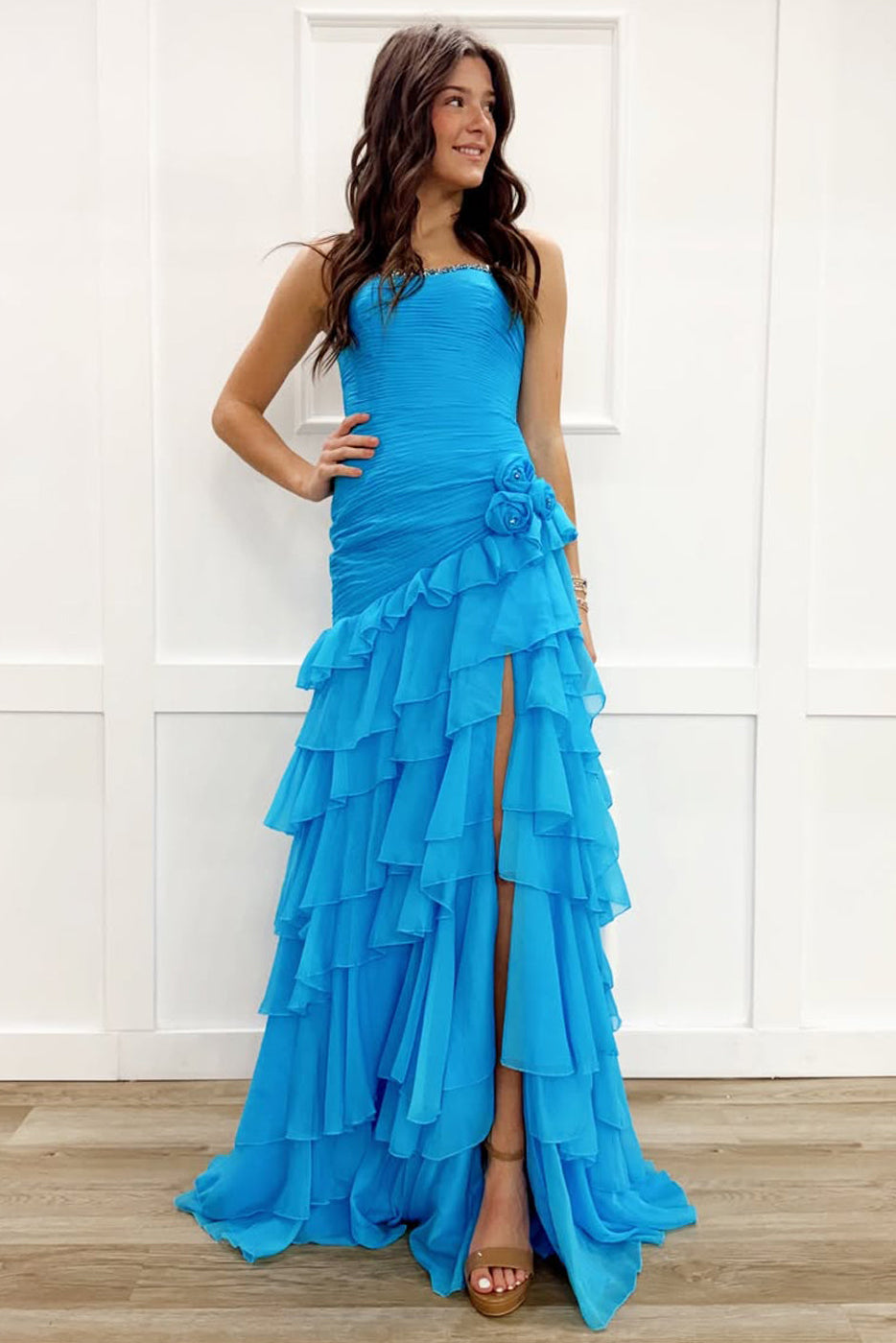 Sheath Strapless Blue Chiffon Long Tiered Prom Dress