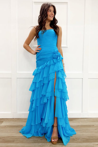 Sheath Strapless Blue Chiffon Long Tiered Prom Dress