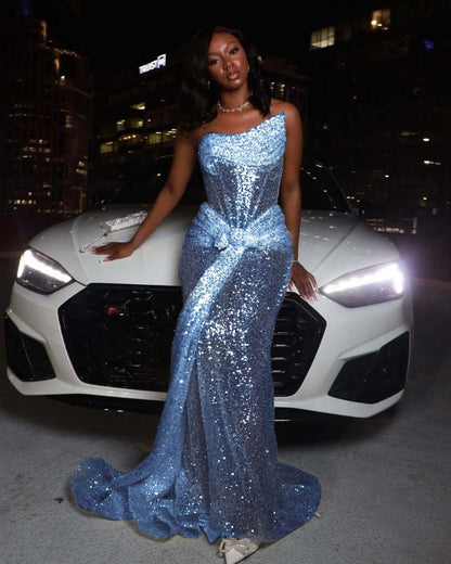 Asymmetric Strapless Sleeveless Long Pleated Mermaid Prom Dress