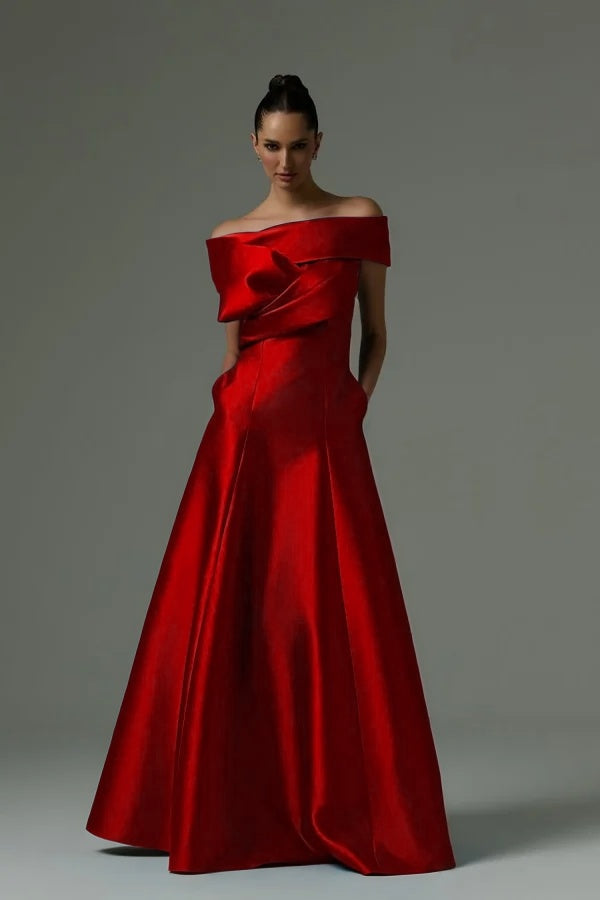 Off the Shoulder Sleeveless Long Prom Dress With Pleated Pocket