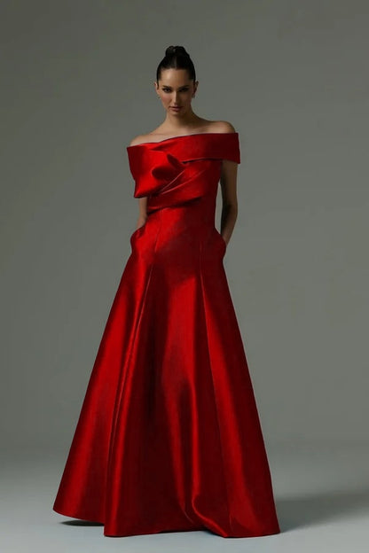 Off the Shoulder Sleeveless Long Prom Dress With Pleated Pocket