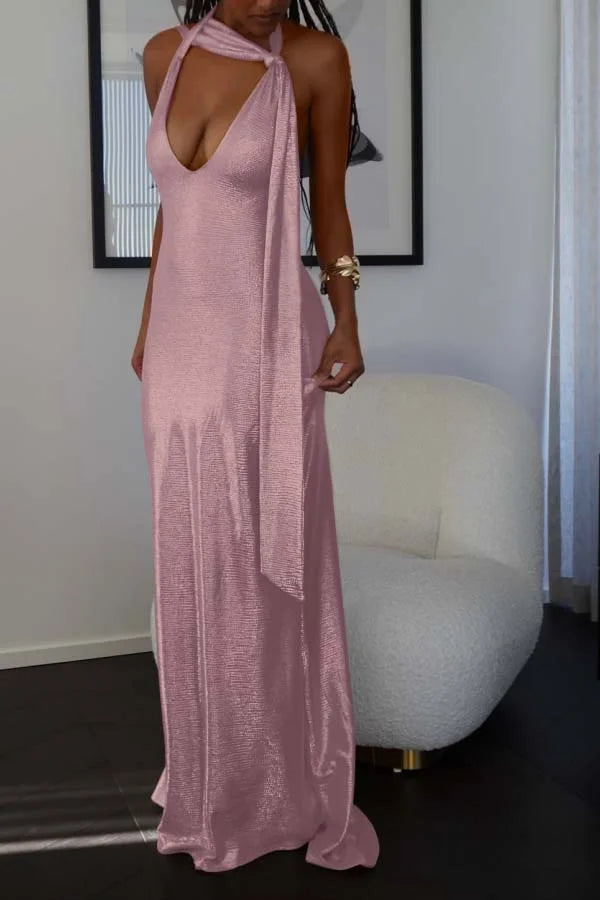 Pearl Pink Halter V-neck Sheath Shining Prom Dress ZT0665