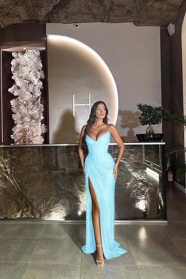 Gorgeous Royal Blue Split Strapless Prom Dress