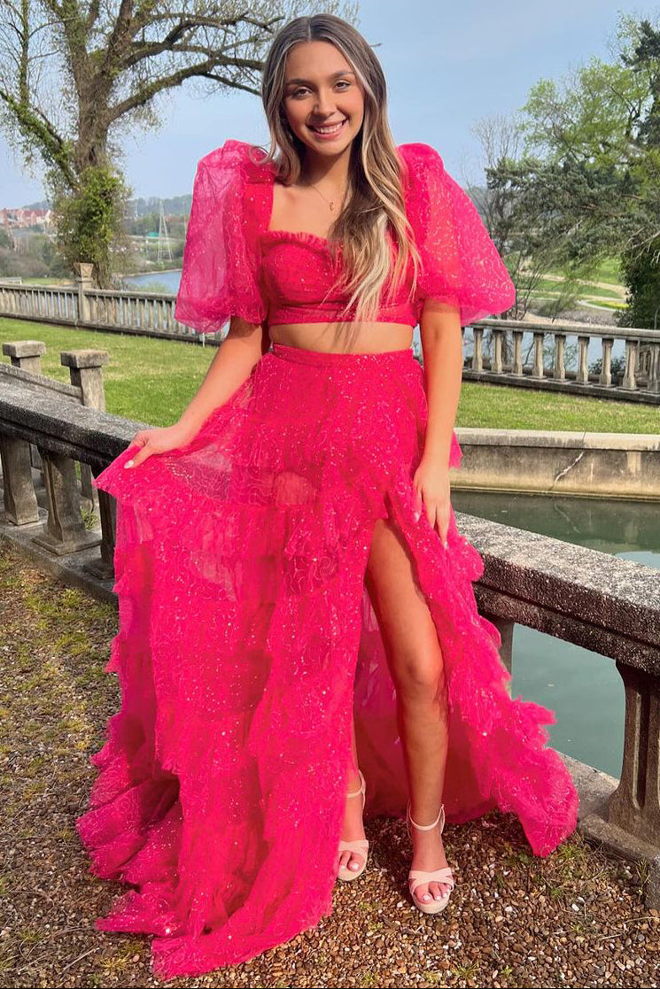 Sweetheart Tiered Sequins Tulle Long Prom Dress with Slit