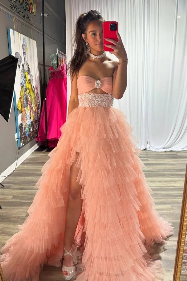 Pearl Pink Lovely Tulle Strapless Bow-knot Prom Dress