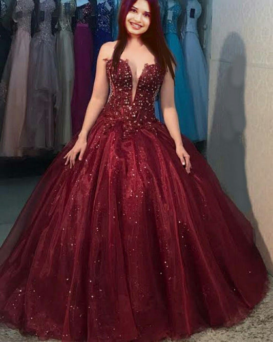Burgundy Tulle Long Formal Dance Evening Party Gowns