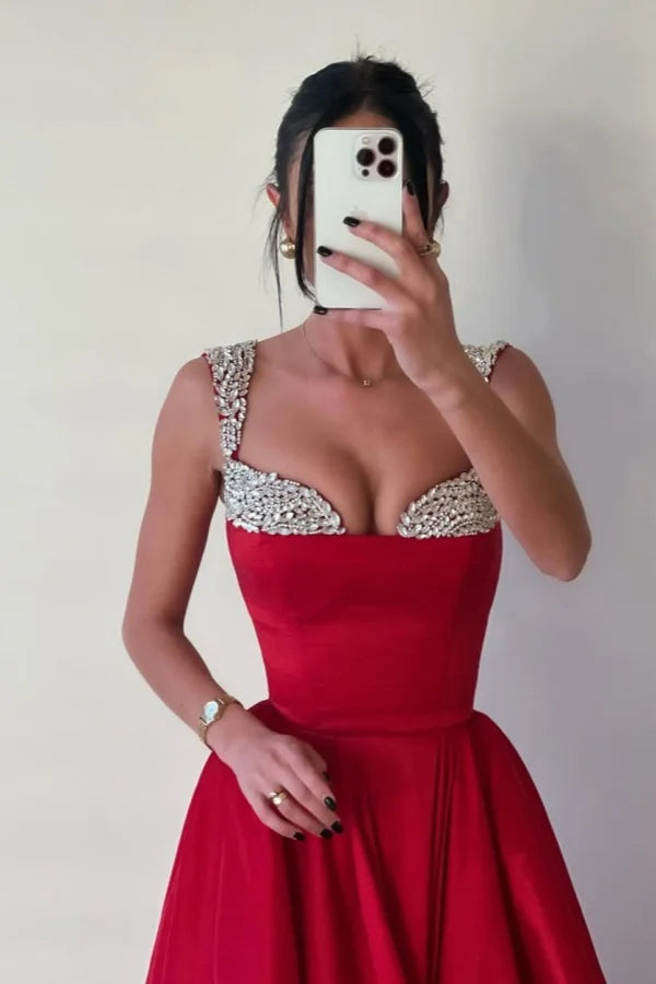 Red Formal A-Line Beaded Double Straps Prom Dress