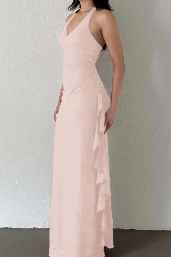 Charming V-Neck Halter Burgundy Ruffles Prom Dress ZT0740