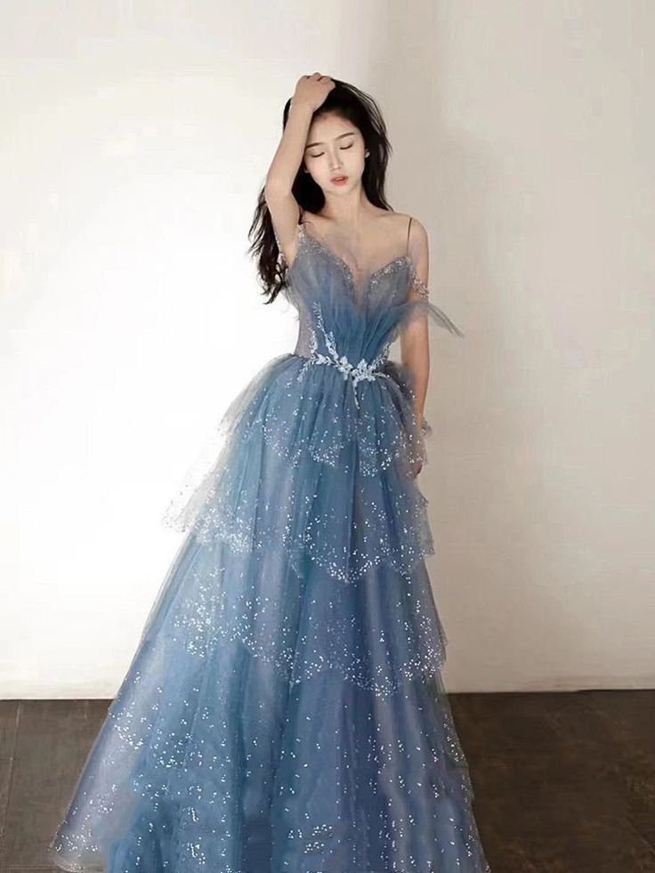 Gorgeous Blue Sparkly Tulle Beaded Prom Dress