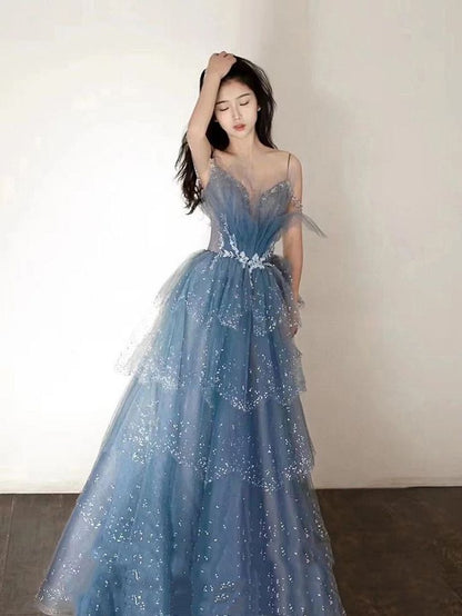 Gorgeous Blue Sparkly Tulle Beaded Prom Dress