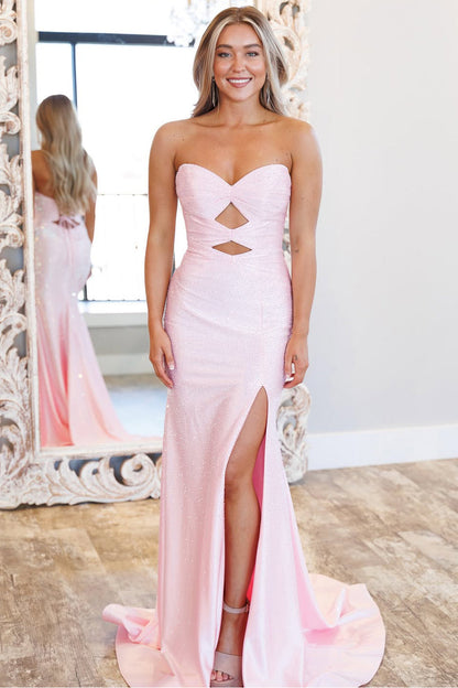 Pink Strapless Satin Beaded Long Mermaid Prom Dress