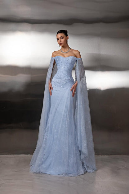 Delicate Blue Off-the-Shoulder Prom Dress Sleeveless Sequins with Lace