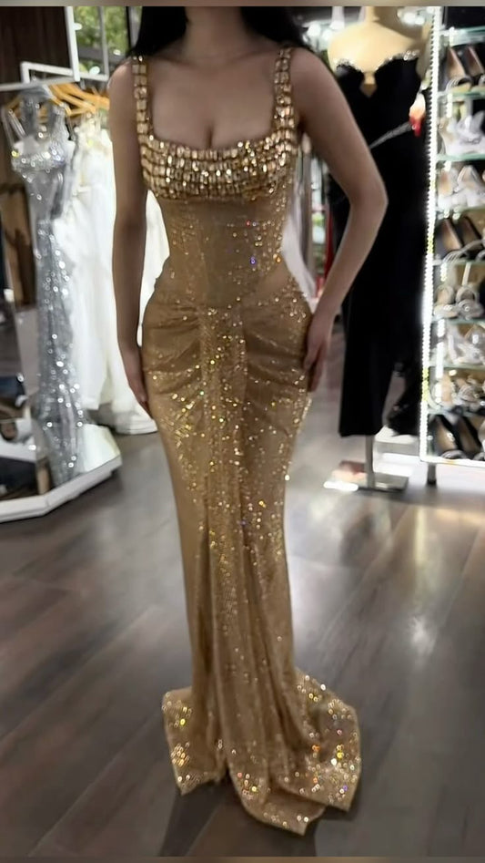 Glitter Mermaid Square Neck Gold Sequins With Gold