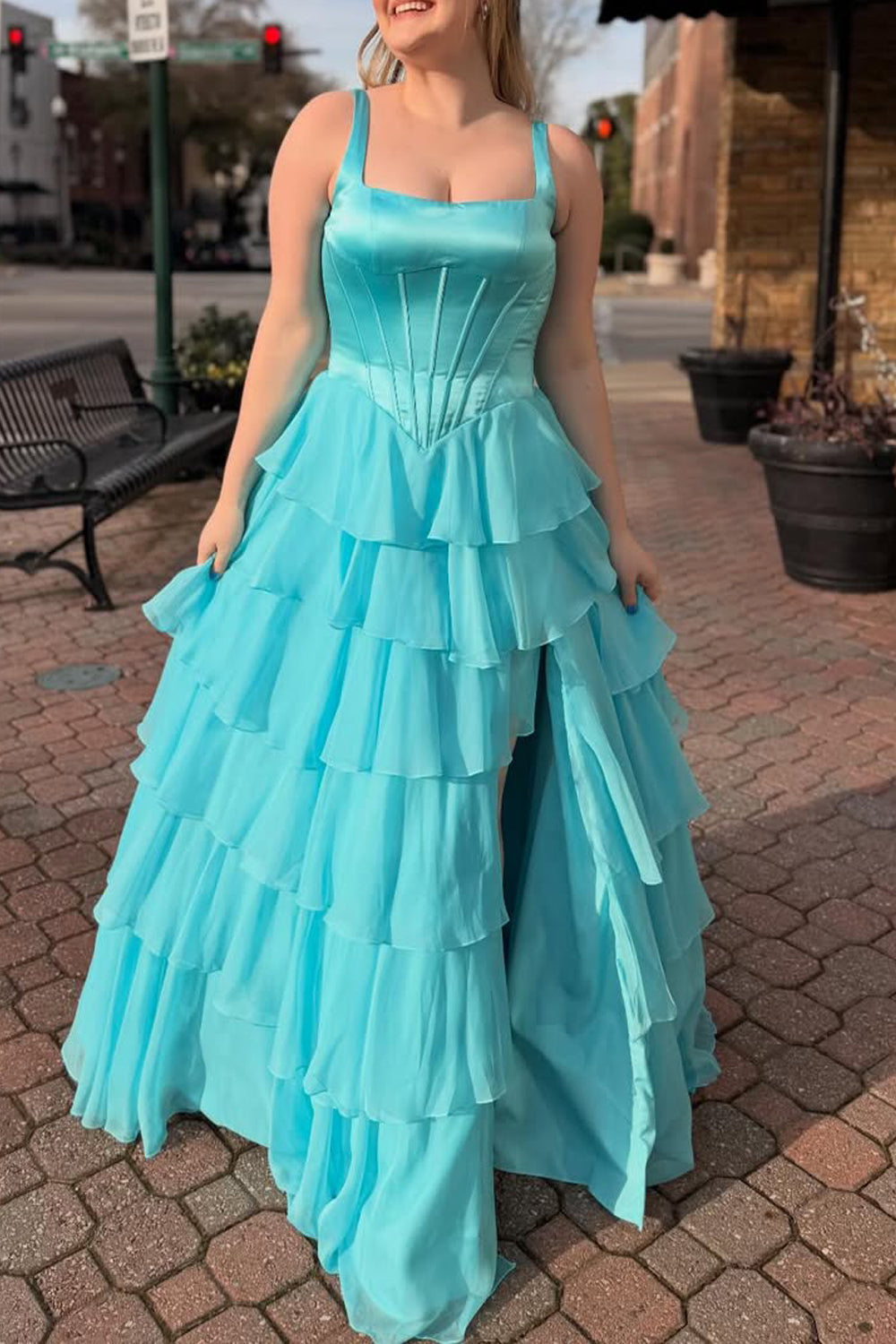 A-Line Square Neck Ruffle Tiered Chiffon Prom Dress