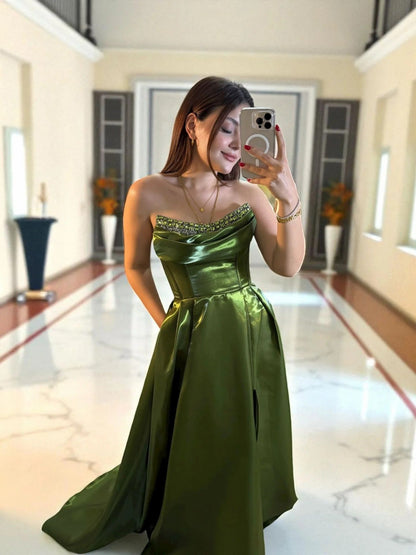 Shiny Satin Beaded Corset Formal Evening Gown