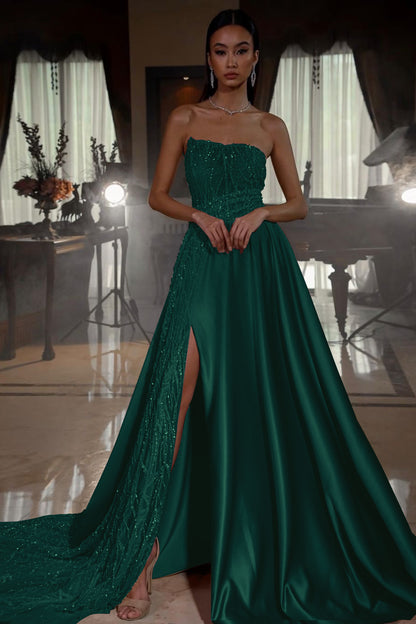 Pink Strapless Sleeveless Sequins A-Line Prom Dress with Split