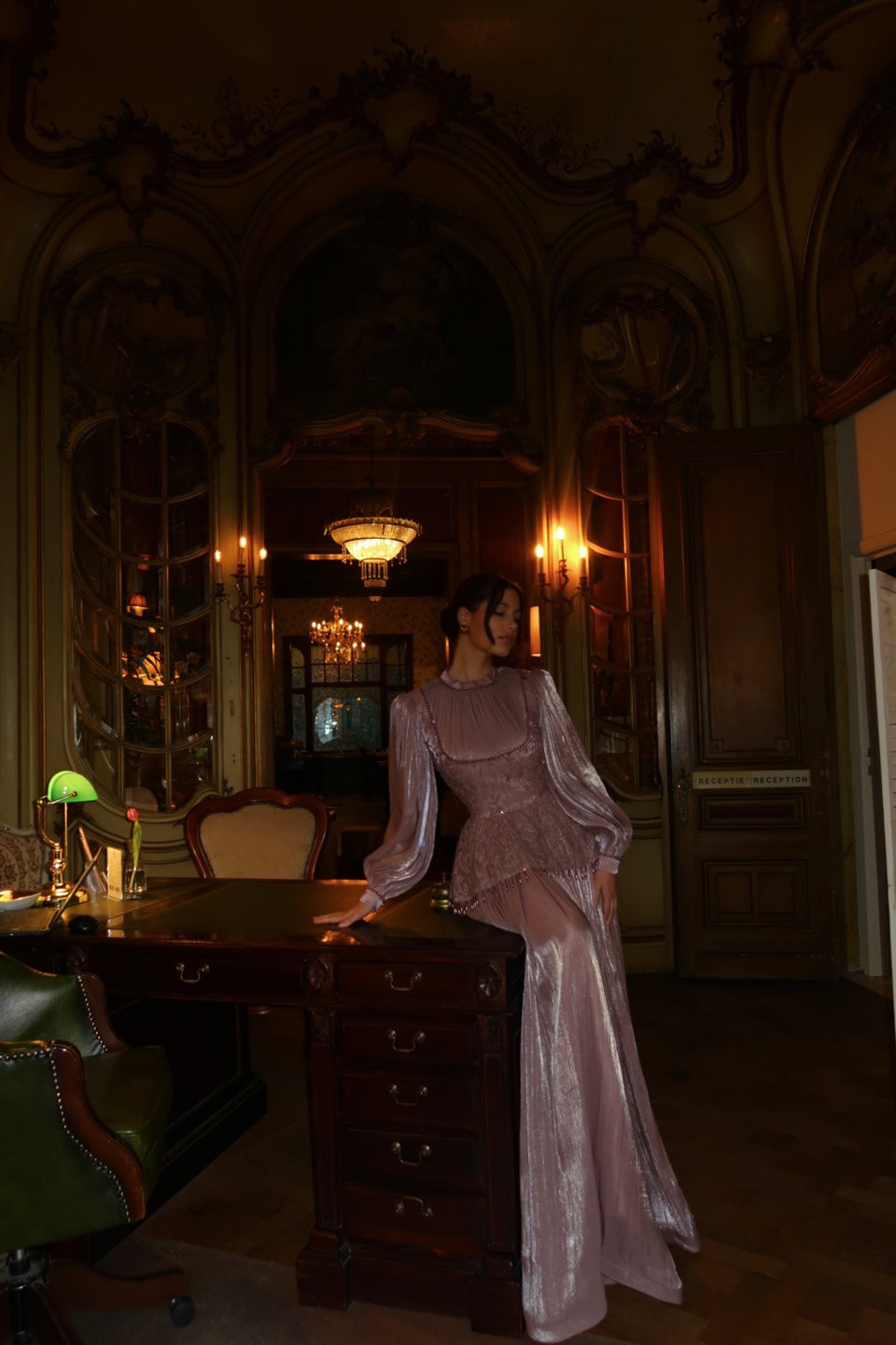 Dusty Rose Long Sleeves A-Line Floor Length Evening Dress