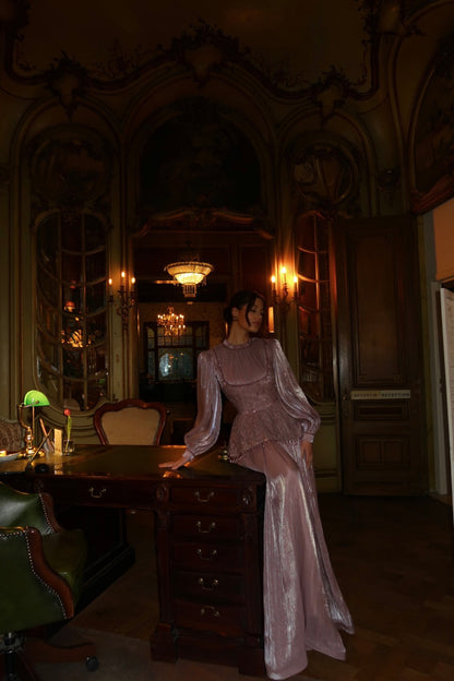 Dusty Rose Long Sleeves A-Line Floor Length Evening Dress