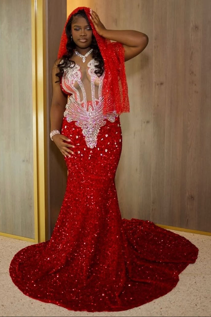 Red Scoop Sleeveless Prom Dress