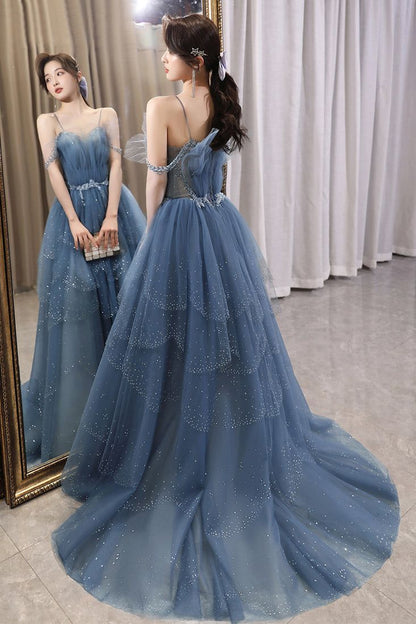 Gorgeous Blue Sparkly Tulle Beaded Prom Dress