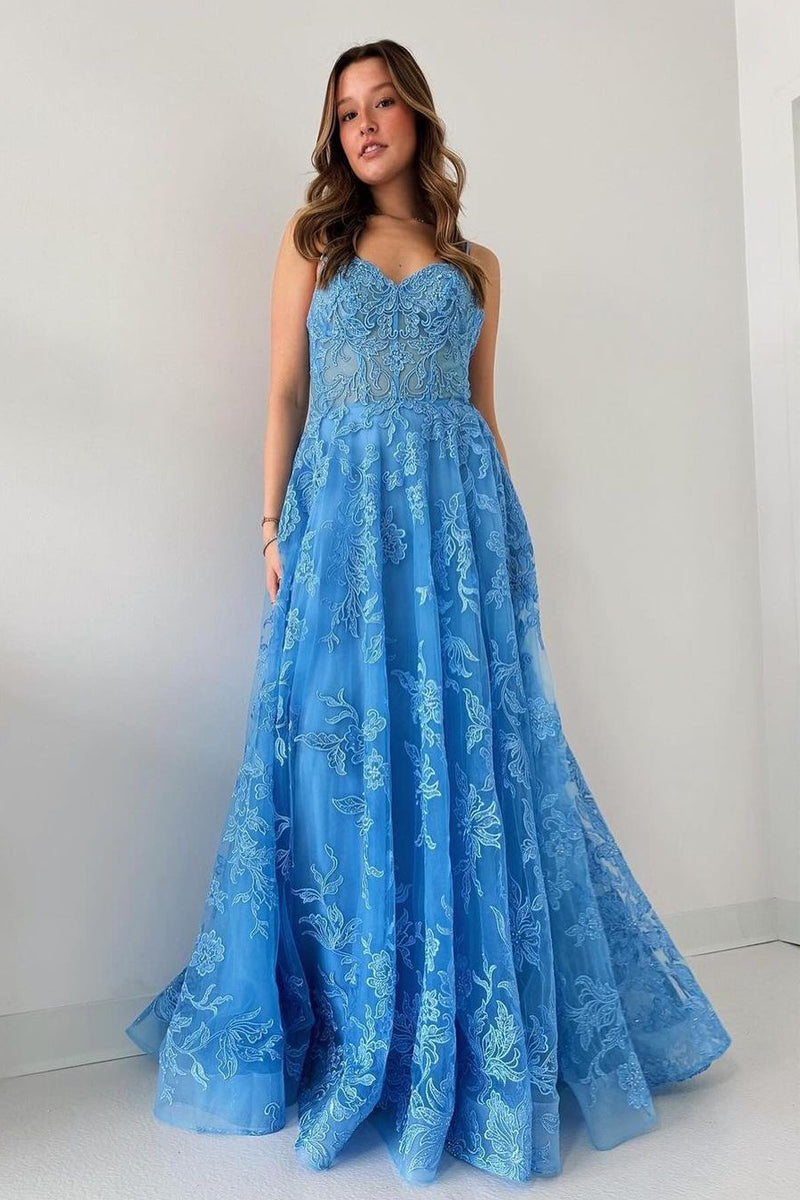 Blue Spaghetti Straps Tulle Appliques Long Prom Dress