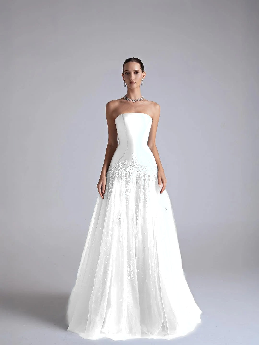 Strapless Sleeveless Long Pleated A-Line Prom Dress With Flower Appliqués