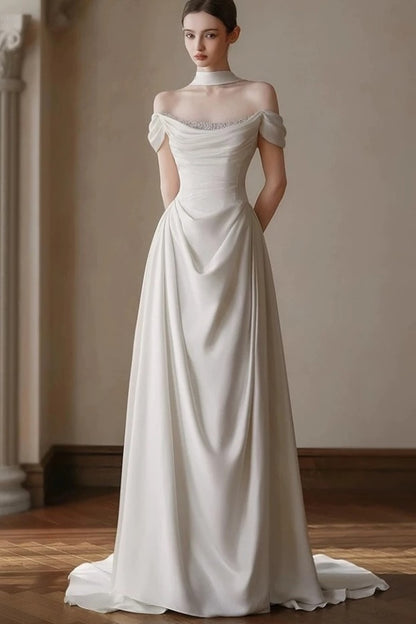 Elegant Off-the-Shoulder Prom Dress Pleated A-Line with Beaded