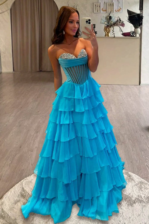 A-Line Sweetheart Mint Ruffle Tiered Chiffon Beads Long Prom Dress
