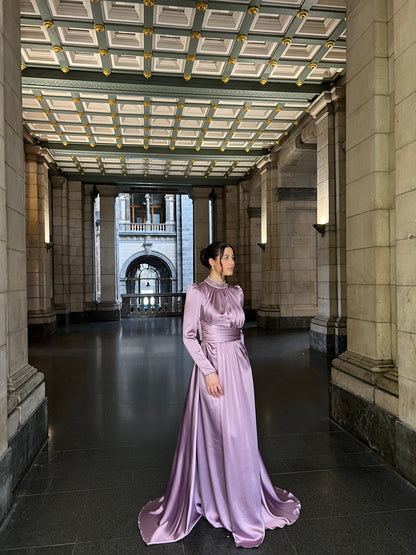 Violet Beaded Neckline Long Sleeves Ruched A-Line Evening Gown