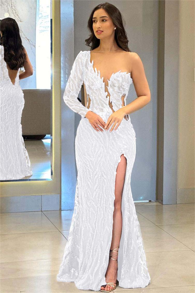 One Shoulder One Long Sleeve Backless Mermaid Split Prom Dress