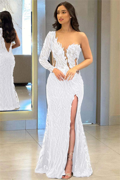 One Shoulder One Long Sleeve Backless Mermaid Split Prom Dress