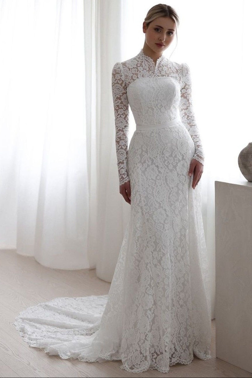Long Sleeves White High Neck Lace Mermaid Wedding Dress