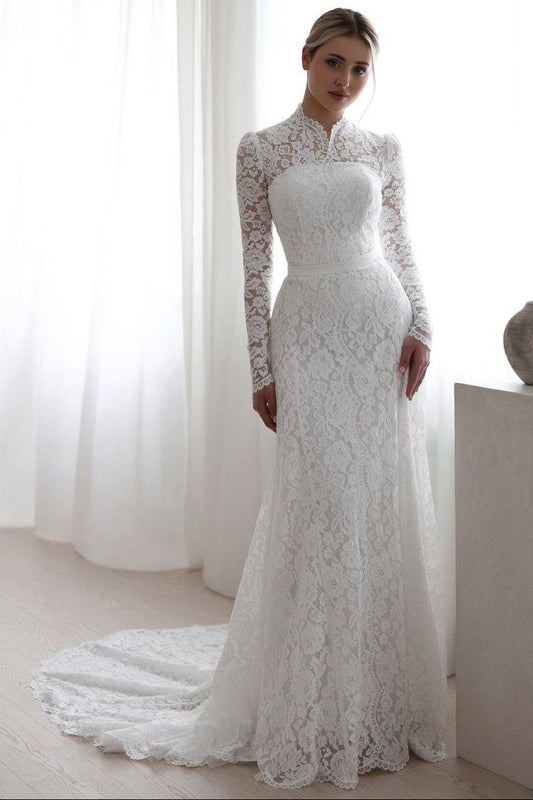 Long Sleeves White High Neck Lace Mermaid Wedding Dress