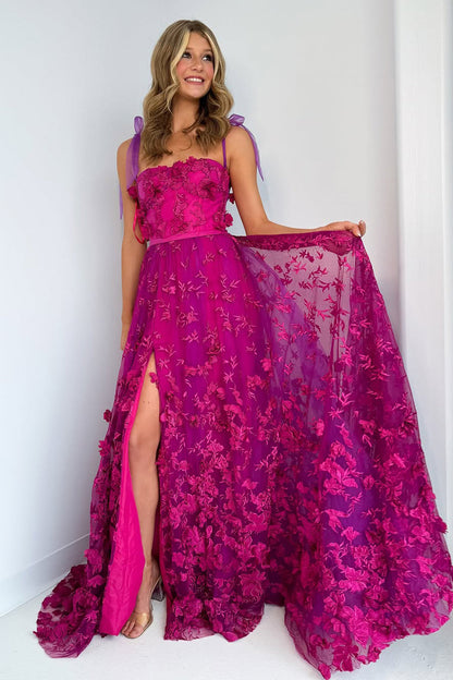 A-Line Sweetheart Purple Lace Long Prom Dresses with Slit