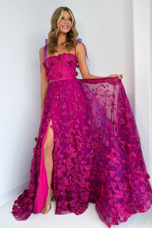 A-Line Sweetheart Purple Lace Long Prom Dresses with Slit