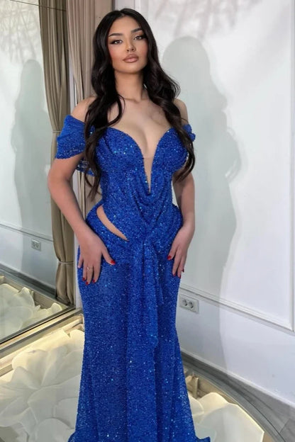 Royal Blue Gorgeous Off-The-Shoulder Sequins Evening Dress ZT0433