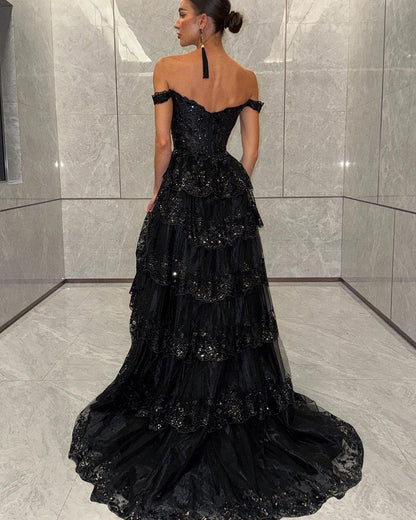 Off Shoulder Layered Lace Sequin Sexy High Slit Formal Dress