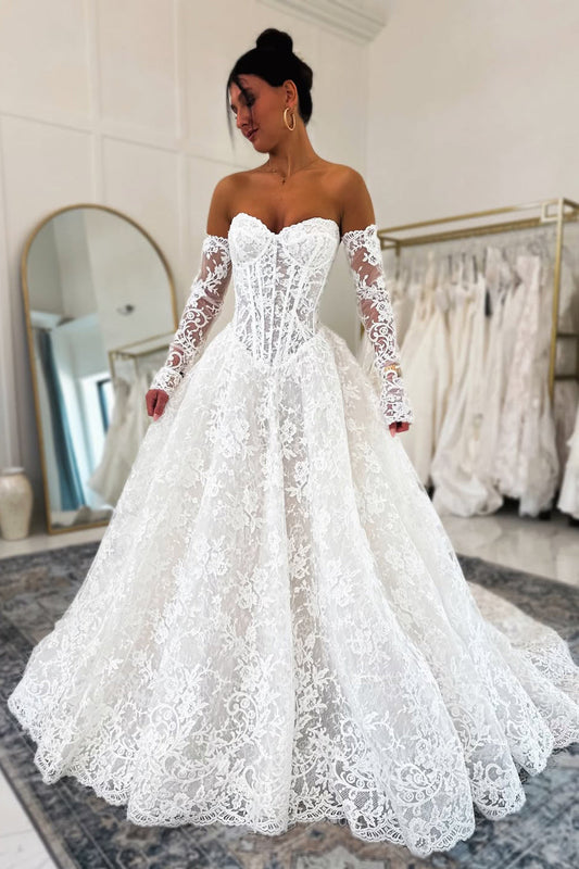 Charming A-Line Sweetheart Lace Wedding Dresses with Sleeves