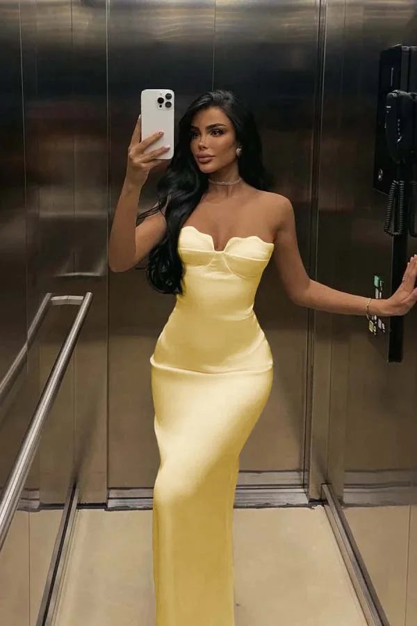 Ivory Back Slit Strapless Elegant Prom Dress