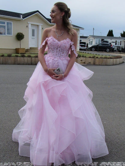 Sweetheart Sleeveless Lace Tulle Pink Long Formal Dress