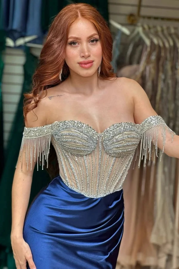 Navy Blue Beaded Split Off-The-Shoulder Prom Dress