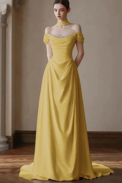 Elegant Off-the-Shoulder Prom Dress Pleated A-Line with Beaded