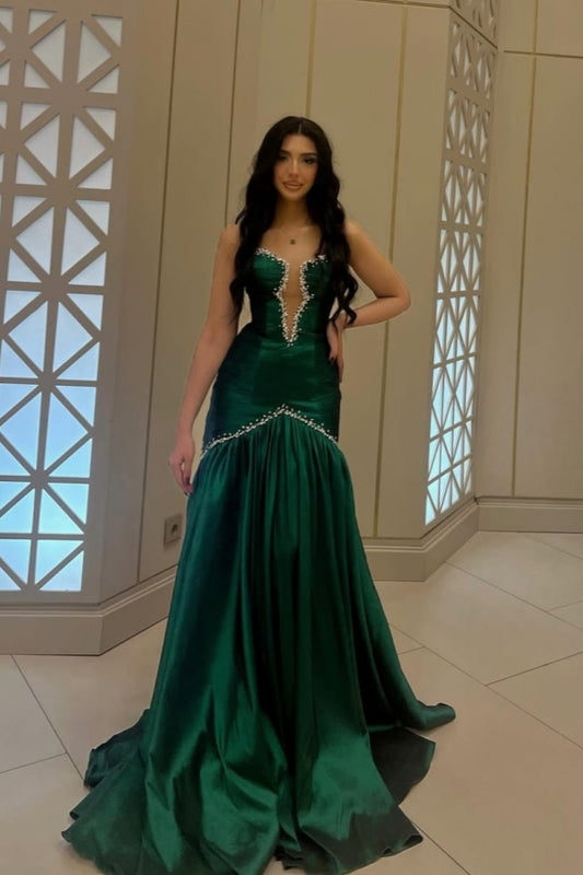 Dark Green Sleeveless Prom Dress Mermaid Satin with Rhinestones