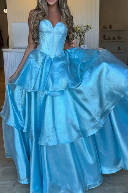 A-Line Strapless Light Blue Ruffle Tiered Long Prom Dresses with Bowknot
